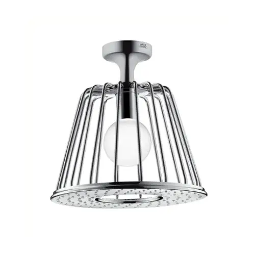 Deckenlampe mit chromfarbener Metallstruktur und einer kugelförmigen, weißen Leuchte, entworfen von AXOR, geeignet für moderne Innenräume.